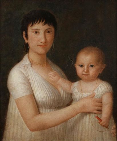 null École ESPAGNOLE vers 1810
Portrait de dame et son enfant tenant un morceau de...