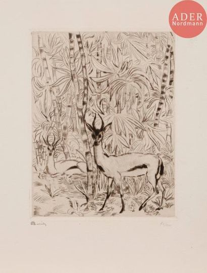 André SURÉDA André SURÉDA
 Deux gazelles dans la jungle. Vers 1926. Eau-forte et...