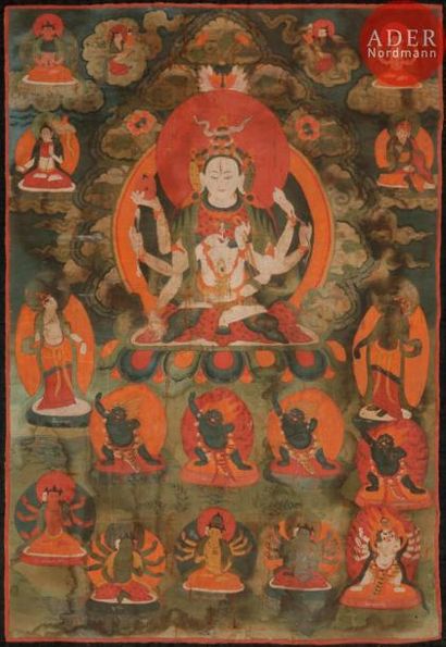 null TIBET – XVIIIe / XIXe
Tangka, détrempe sur toile. Janguli Tara à trois têtes...