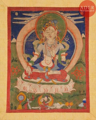 null TIBET - XIXe siècle
Deux tangka, détrempes sur toile, représentant la Tara blanche...
