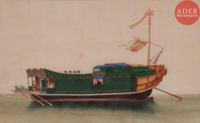 null CHINE - XIXe siècle
Deux gouaches sur papier de riz, un bateau voguant sur l’eau...