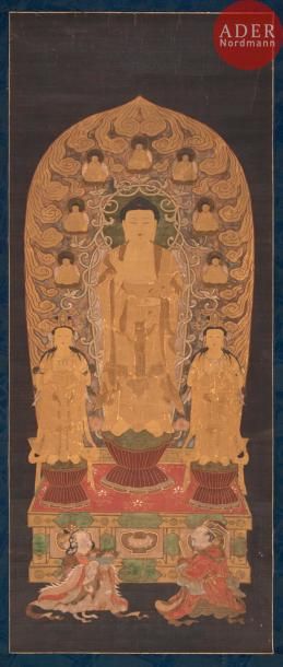 null JAPON - Début XIXe siècle
Encre sur soie, Bouddha en centre, se tenant debout...