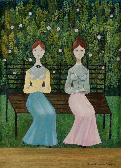  Suzanne BOLAND VAN DE WEGHE (1913-2008) Deux femmes assises sur un banc Huile sur...