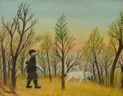  Ferdinand DESNOS (1901-1958) Le Chasseur au chien blanc Huile sur toile. Signée...