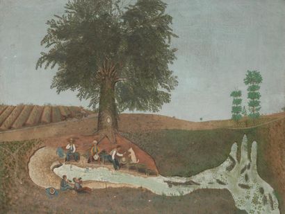  ÉCOLE NAÏVE début XXe siècle La Source Huile sur toile. Non signée. 65 x 85 cm