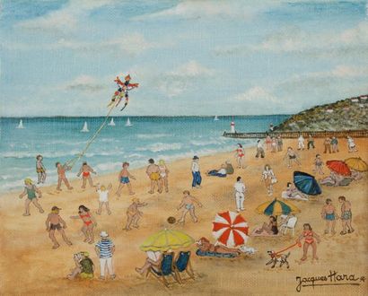 null Jacques HARA (né en 1933)
Plage animée en Normandie
Huile sur toile.
Signée...