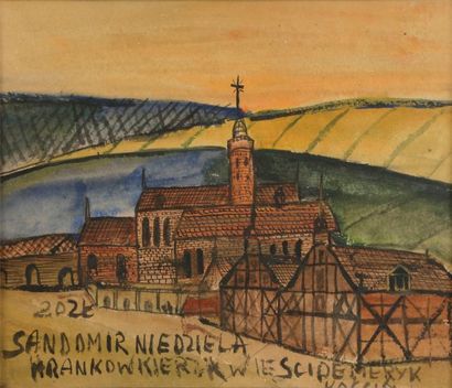  Krynicki NIKIFOR (1895-1966) Ville Aquarelle. Annotée. 24 x 29.5 cm