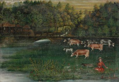  Aloys SAUTER (1875-1952) Mme Consolation, paysage Huile sur toile. Signée en bas...