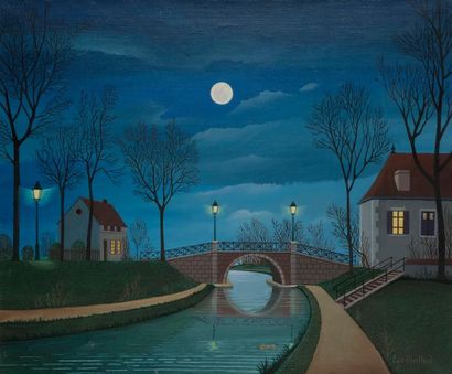  Lucien VIEILLARD (né en 1923) Clair de lune sur un canal, 1972 Huile sur toile....