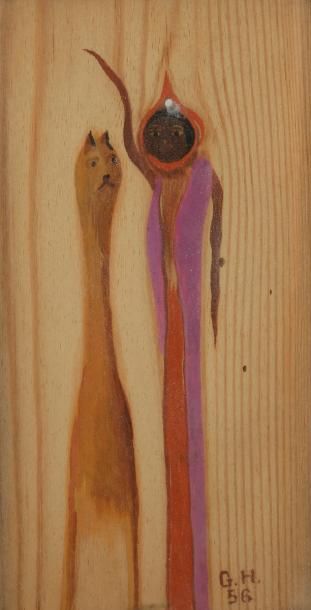  Georges HUGNET (1904-1974) Femme au chien, 1956 Gouache sur panneau de bois veiné....