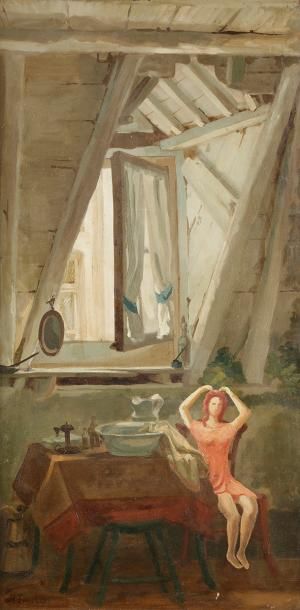 null René JANSSENS (1870-1936)
Jeune fille dans un intérieur
Huile sur carton.
Signée...
