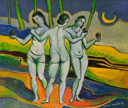 null André MARCHAND (1907-1997)
Les Trois Grâces
Huile sur panneau.
Signée en bas...