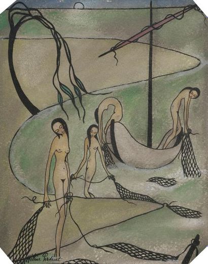 null Hélène PERDRIAT (1894-1969)
Pêcheuses aux filets
Encre et aquarelle.
Signée...
