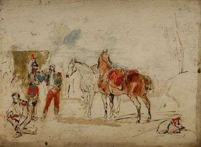null John Lewis BROWN (1829-1890)
Cavaliers au repos
Huile sur panneau.
Signée au...