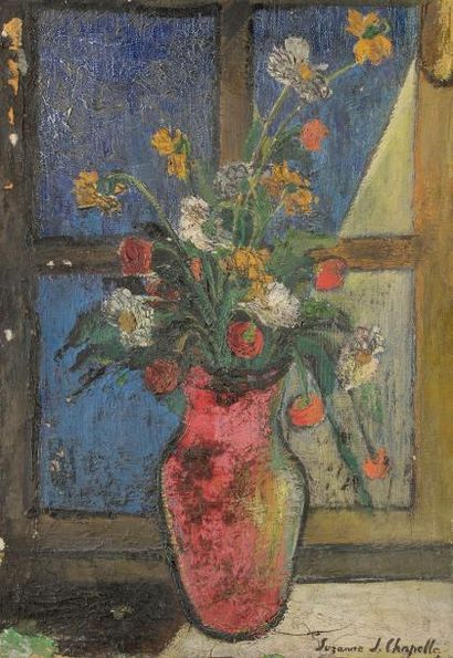 null Suzanne J. CHAPELLE (1919-?))
Vase de fleurs, 1949
Huile sur toile.
Signée en...