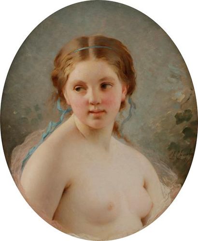 null Charles CHAPLIN (1825-1891)
Jeune fille nue en buste
Huile sur toile ovale.
Signée...