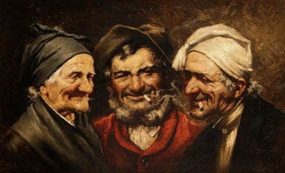 null Romana ARREGUI (1875-1932)
Trois hommes, deux fument
Huile sur panneau.
Signée...