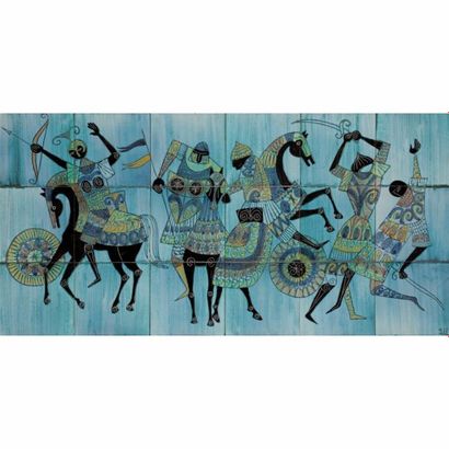 null Jean de LESPINASSE (1896-1979) 
Cavaliers et guerriers 
Panneau mural constitué...