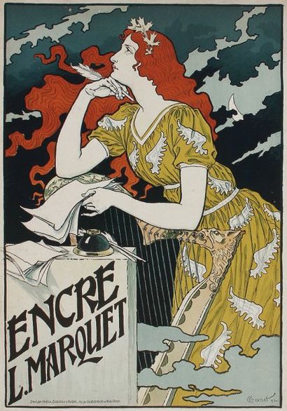 Eugène GRASSET Encre L. Marquet, 1892. Gillotage du noir et du gris sur carton avec...