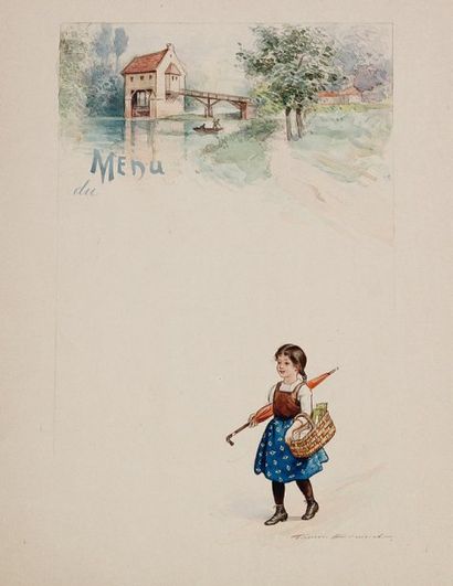 Firmin BOUISSET Projet de menu - En haut, un moulin ; en bas, Yvonne avec son parapluie...