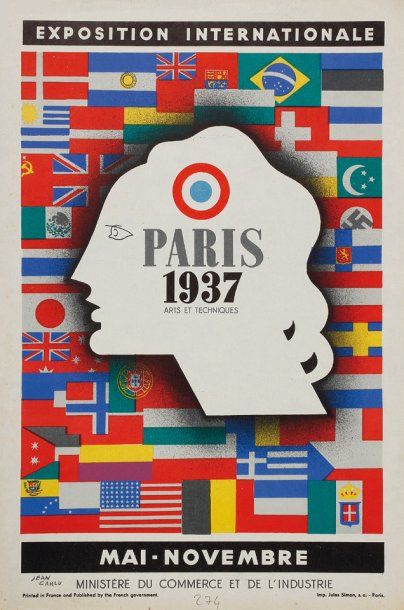 Jean CARLU Affichette de l'exposition internationale Paris 1937. Signée en bas à...