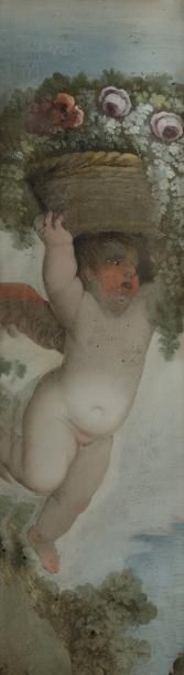 null Quatre plaques peintes sous verre représentant des enfants-satyre et des enfants-triton.
XIXe...