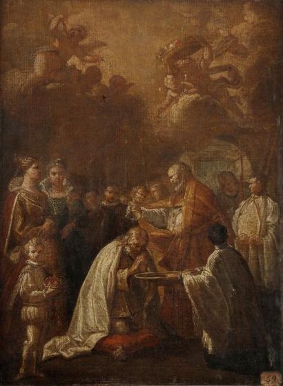 null École ROMAINE du XVIIIe siècle
Le baptême de saint Augustin par saint Ambroise...