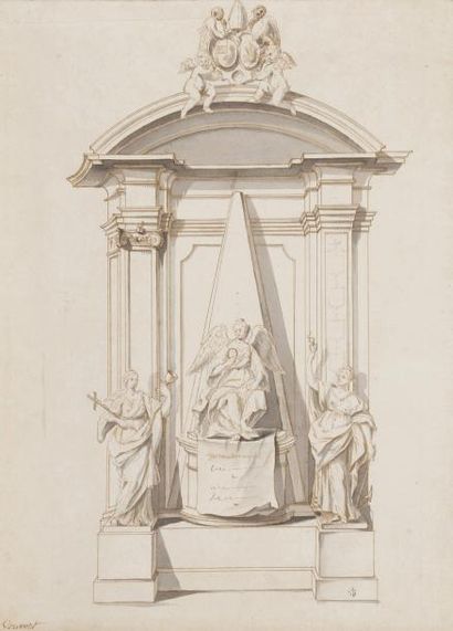 null VERVOORT, École FLAMANDE du XVIIIe siècle
Projet de monument funéraire épiscopal.
Plume...