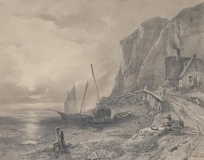 null Jules COIGNET (1798-1860)
Barques échouées en Normandie, 1833
Crayon noir, rehauts...