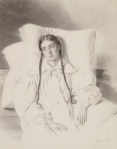 null Léon VIARDOT (1805-1900)
Portrait de jeune femme alitée, 1832
Crayon noir, estompe...