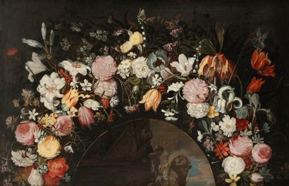 null École ANVERSOISE vers 1650, suiveur de Jan BRUEGHEL
Guirlande de fleurs entourant...