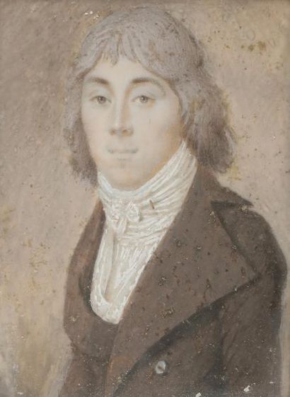 null École FRANÇAISE vers 1798-1 800
Portrait d’homme en costume brun à grands revers,...