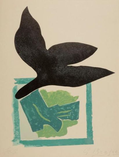 null Georges Braque (1882-1963) (d’après)
Oiseau noir sur fond vert. Affiche pour...