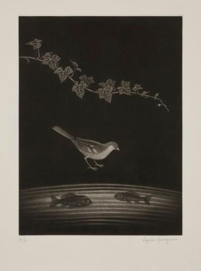 null Kiyoshi Hasegawa (1891-1980)
Oiseau et poissons en sympathie. 1964. Manière...