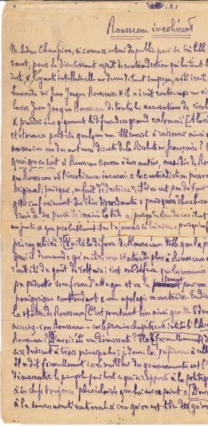 null Émile FAGUET (1847-1916). Manuscrit autographe signé, Rousseau incohérent, [1909] ;...