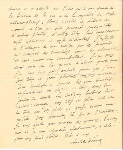 null Anatole FRANCE (1844-1924). L.A.S., La Béchellerie 29 juin [1915], à un ami ;...