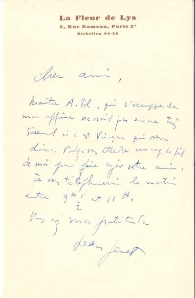 null Jean GENET. L.A.S., [Paris 17 octobre 1947], à André Dubois, à la préfecture...