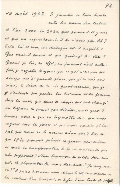null Julien GREEN. Manuscrit autographe, 10 août 1942 ; 1 page in-8.
 À propos de...