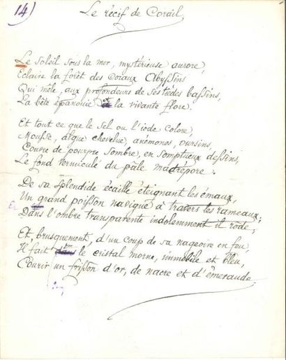 null José-Maria de HEREDIA (1842-1905). Poème autographe signé, Le récif de Corail ;...