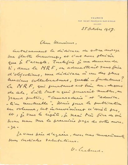 null Valery LARBAUD. L.A.S., Valbois 25 octobre 1927 ; 1 page in-4 à son adresse.
...