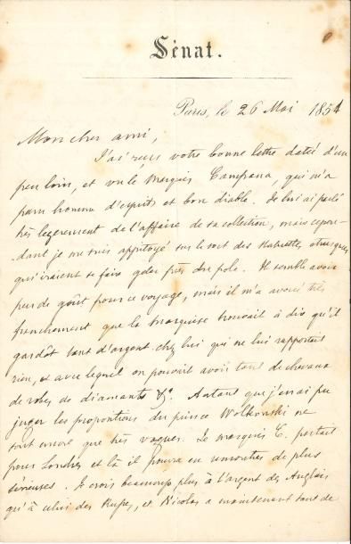 null Prosper MÉRIMÉE. L.A.S., Paris 26 mai 1854, à un ami [le baron Georges-Napoléon...