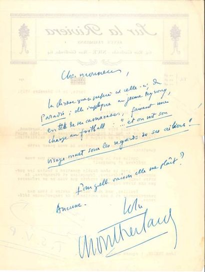 null Henry de MONTHERLANT (1896-1972). 9 L.A.S., 2 L.S. et une carte de visite, 1925-1964,...