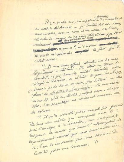 null Henry de MONTHERLANT. Manuscrit autographe, [1953 ?] ; 2 pages in-4 au dos d’un...