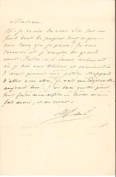 null Alfred de MUSSET (1810-1857). L.A.S. « Alfd de Mt » à une dame ; 3/4 page in-8...