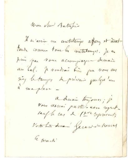 null Gérard de NERVAL. L.A.S., mardi [vers 1844-1847 ?], à Louis Batissier (médecin...