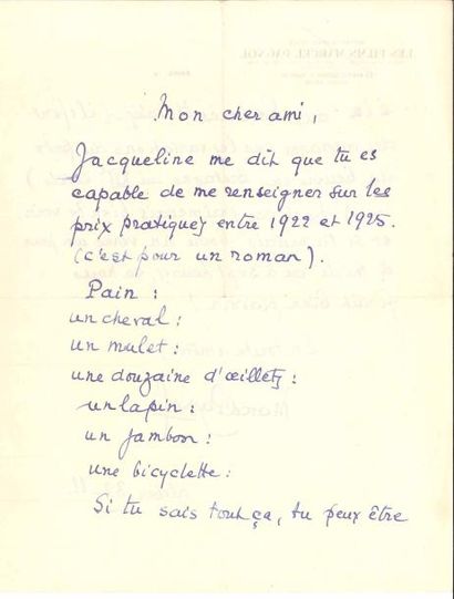 null Marcel PAGNOL (1895-1974). L.A.S., à un ami ; 2 pages in-4 (au dos en-tête Les...