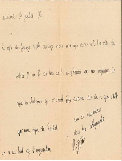 null Charles PÉGUY. L.A.S., 19 juillet 1914, à son fils Marcel Péguy ; 1 page petit...