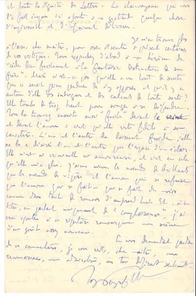 null Roger PEYREFITTE. L.A.S., 3 octobre 1947, [à Émile Henriot] ; 2 pages in-8 à...