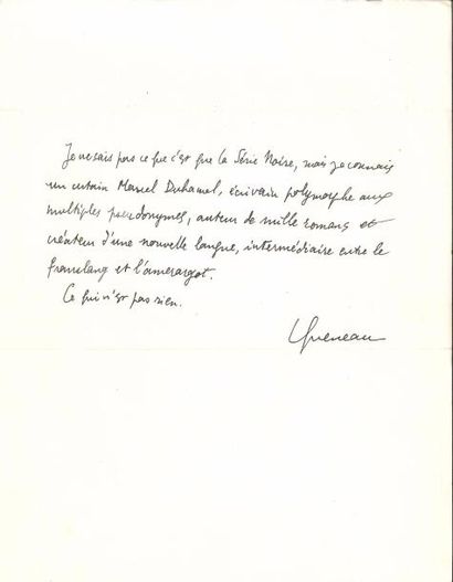 null Raymond QUENEAU (1903-1976). Manuscrit autographe signé ; demi-page in-4.
 Présentation...