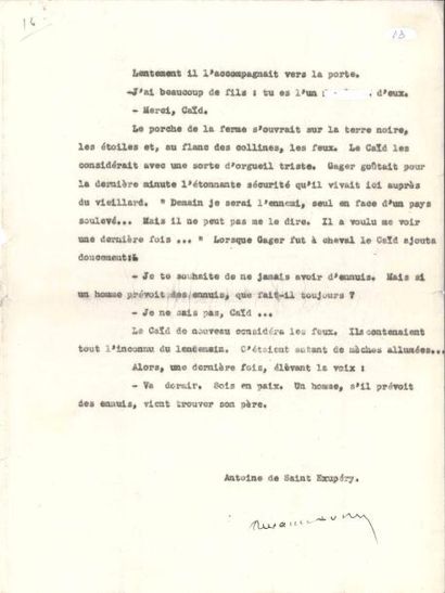 null Antoine de SAINT-EXUPÉRY. Tapuscrit signé, Souvenir de Mauritanie, [1934] ;...